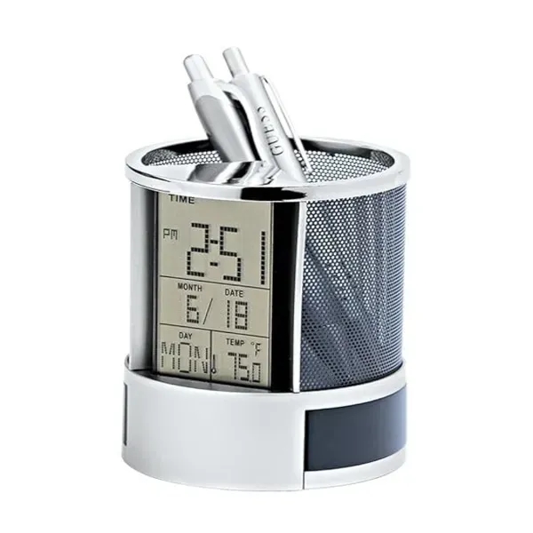 Leather Pen Holder with LCD Clock & Thermometer For Desk - Leather Pen Holder with LCD Clock & Thermometer For Desk - Image 2 of 6