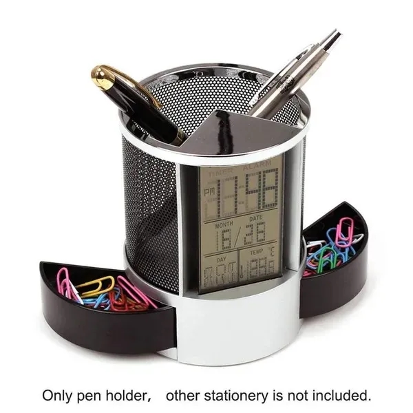 Leather Pen Holder with LCD Clock & Thermometer For Desk - Leather Pen Holder with LCD Clock & Thermometer For Desk - Image 3 of 6