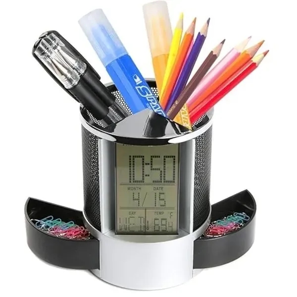 Leather Pen Holder with LCD Clock & Thermometer For Desk - Leather Pen Holder with LCD Clock & Thermometer For Desk - Image 0 of 6