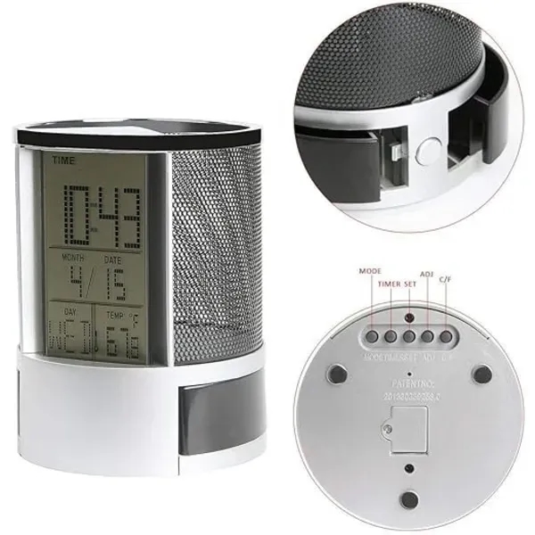Leather Pen Holder with LCD Clock & Thermometer For Desk - Leather Pen Holder with LCD Clock & Thermometer For Desk - Image 4 of 6