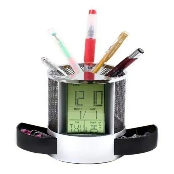 Leather Pen Holder with LCD Clock & Thermometer For Desk - Leather Pen Holder with LCD Clock & Thermometer For Desk - Image 6 of 6