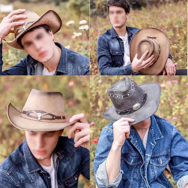 Leather Men's Western Cowboy Hat - Leather Men's Western Cowboy Hat - Image 3 of 4