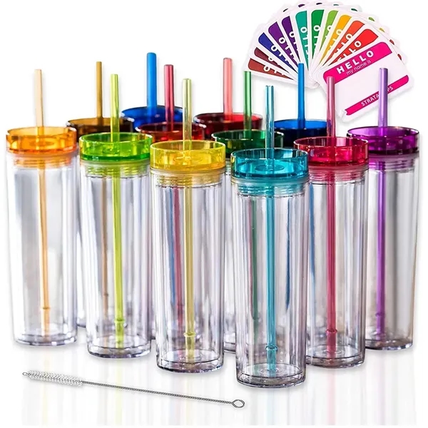 16Oz Double Wall Skinny Acrylic Tumblers With Lid And Straw - 16Oz Double Wall Skinny Acrylic Tumblers With Lid And Straw - Image 0 of 3