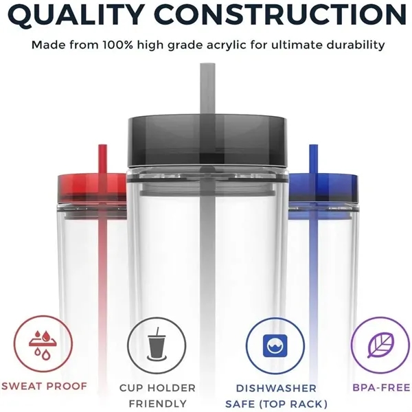 16Oz Double Wall Skinny Acrylic Tumblers With Lid And Straw - 16Oz Double Wall Skinny Acrylic Tumblers With Lid And Straw - Image 2 of 3