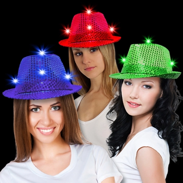 Sequin LED Fedora Hats with Imprinted Band - Sequin LED Fedora Hats with Imprinted Band - Image 0 of 12