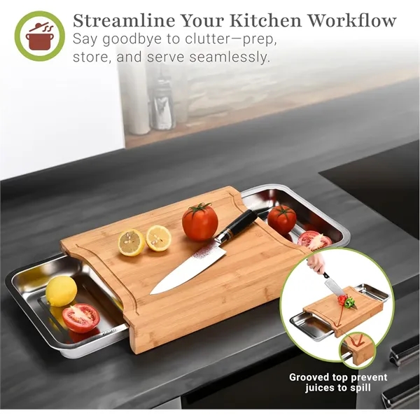 Natural Bamboo Cutting Board W/ 2 Removable Steel Trays - Natural Bamboo Cutting Board W/ 2 Removable Steel Trays - Image 4 of 4