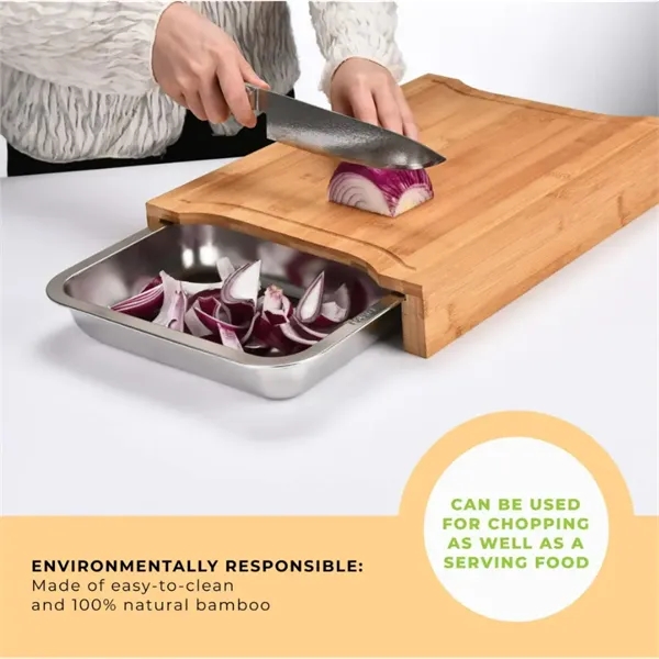 Natural Bamboo Cutting Board W/ 2 Removable Steel Trays - Natural Bamboo Cutting Board W/ 2 Removable Steel Trays - Image 3 of 4