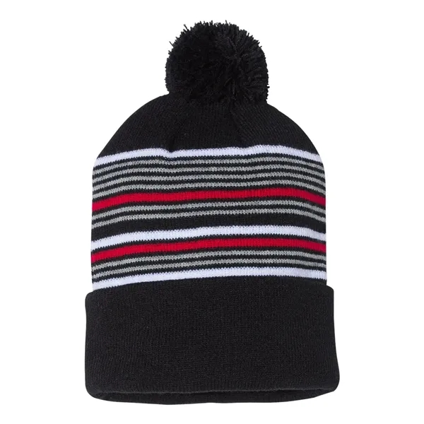 Custom Sportsman 12" Striped Pom-Pom Cuffed Beanie