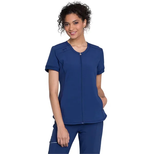 Infinity - Women's Mixed Media Zip Front V-Neck Top - Infinity - Women's Mixed Media Zip Front V-Neck Top - Image 3 of 7