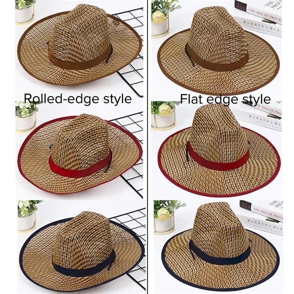 Straw Round up Cowboy Hat Summer Wide Brim Beach Cap - Straw Round up Cowboy Hat Summer Wide Brim Beach Cap - Image 2 of 2