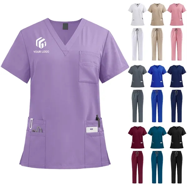 Solid nurse top and pants medical uniform women's scrub set - Solid nurse top and pants medical uniform women's scrub set - Image 0 of 4