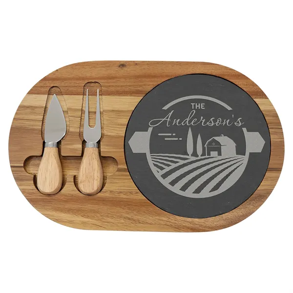 12 1/2" x 7 3/4" Acacia Wood/Slate Oval Cheese Set - 12 1/2" x 7 3/4" Acacia Wood/Slate Oval Cheese Set - Image 0 of 1