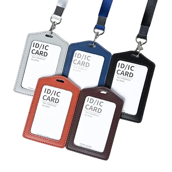Custom Logo Leather Badge Holder with Lanyard Hook - Custom Logo Leather Badge Holder with Lanyard Hook - Image 0 of 3