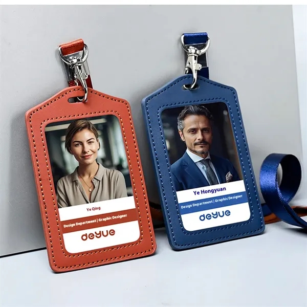 Custom Logo Leather Badge Holder with Lanyard Hook - Custom Logo Leather Badge Holder with Lanyard Hook - Image 1 of 3