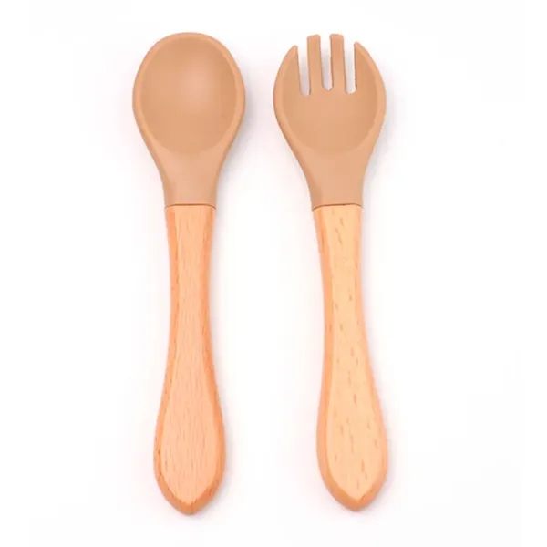 Baby Feeding Wooden Handle Silicone Fork & Spoon Set - Baby Feeding Wooden Handle Silicone Fork & Spoon Set - Image 2 of 5