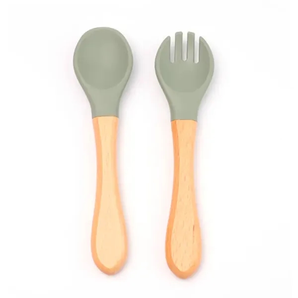 Baby Feeding Wooden Handle Silicone Fork & Spoon Set - Baby Feeding Wooden Handle Silicone Fork & Spoon Set - Image 3 of 5