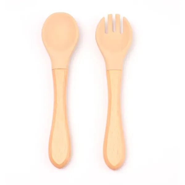 Baby Feeding Wooden Handle Silicone Fork & Spoon Set - Baby Feeding Wooden Handle Silicone Fork & Spoon Set - Image 4 of 5
