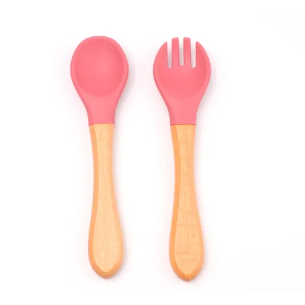 Baby Feeding Wooden Handle Silicone Fork & Spoon Set - Baby Feeding Wooden Handle Silicone Fork & Spoon Set - Image 5 of 5