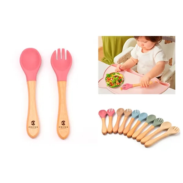 Baby Feeding Wooden Handle Silicone Fork & Spoon Set - Baby Feeding Wooden Handle Silicone Fork & Spoon Set - Image 0 of 5