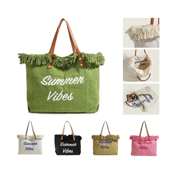 Fringed Beach Large Capacity Canvas Tote Bag - Fringed Beach Large Capacity Canvas Tote Bag - Image 0 of 6