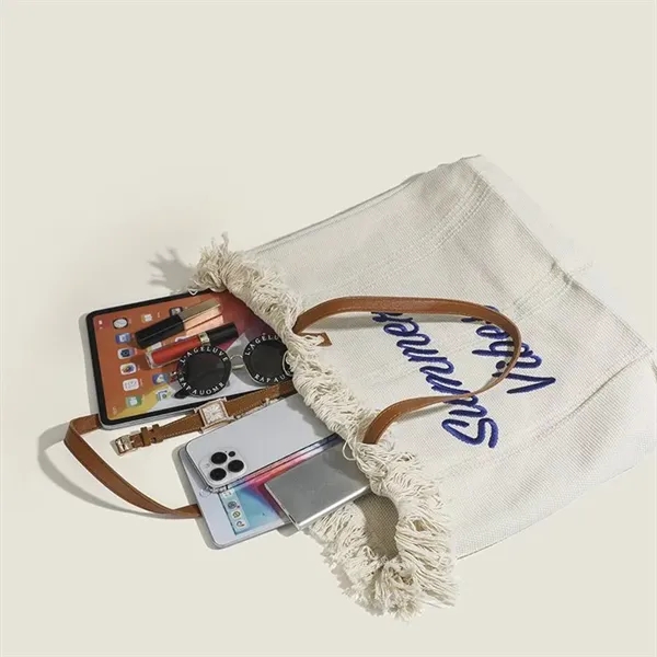 Fringed Beach Large Capacity Canvas Tote Bag - Fringed Beach Large Capacity Canvas Tote Bag - Image 6 of 6