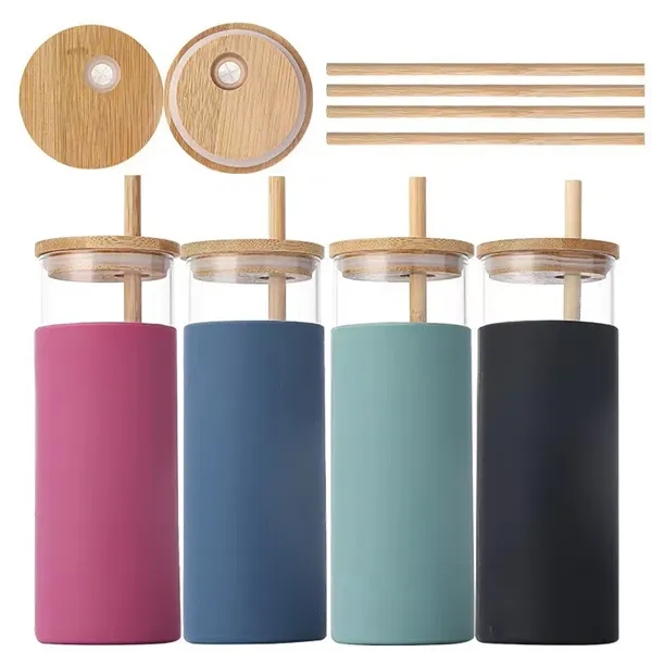 Reusable Glass Cups Tumbler with Bamboo Lids and Straws - Reusable Glass Cups Tumbler with Bamboo Lids and Straws - Image 1 of 3