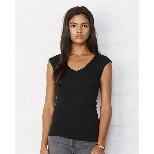 Cap Sleeve Sheer Mini Rib V-neck Tee 