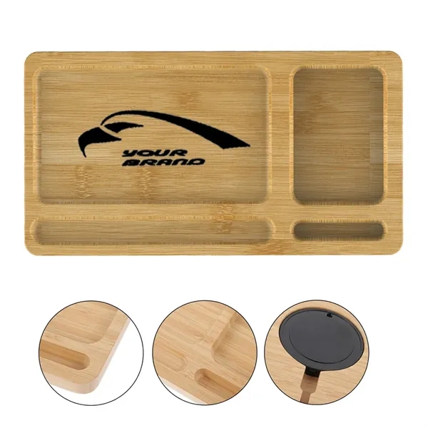 2 In 1 Bamboo Wireless Charger Storage Tray Desk Organizer - 2 In 1 Bamboo Wireless Charger Storage Tray Desk Organizer - Image 0 of 4
