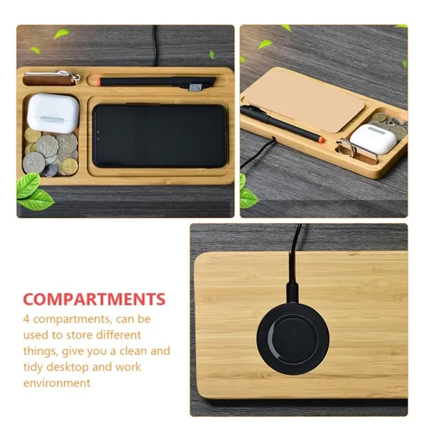 2 In 1 Bamboo Wireless Charger Storage Tray Desk Organizer - 2 In 1 Bamboo Wireless Charger Storage Tray Desk Organizer - Image 2 of 4