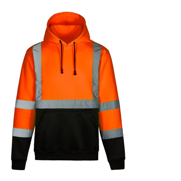 ANSI Class 3 HiViz Safety Orange Hood Sweatshirt, Blk Bottom - ANSI Class 3 HiViz Safety Orange Hood Sweatshirt, Blk Bottom - Image 0 of 2