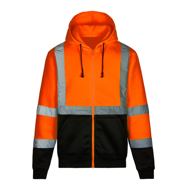 ANSI Class 3 Orange Full Zip Hooded Sweatshirt w/Blk Bottom - ANSI Class 3 Orange Full Zip Hooded Sweatshirt w/Blk Bottom - Image 0 of 2