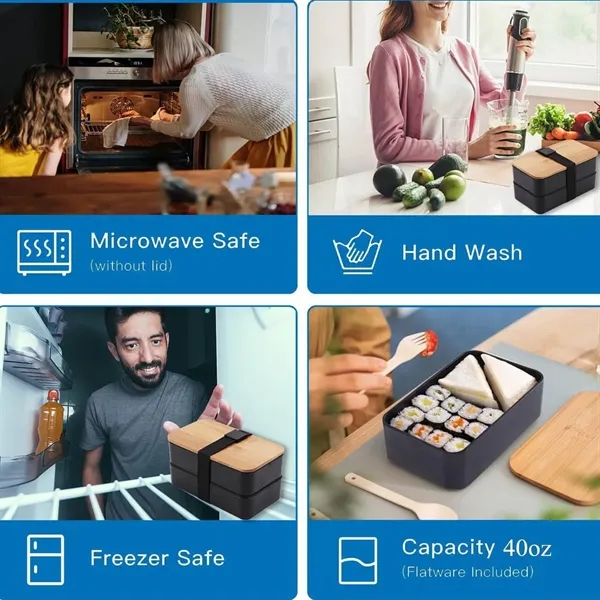 40oz Double-layer Bamboo Cover Student Insulated Bento Box - 40oz Double-layer Bamboo Cover Student Insulated Bento Box - Image 2 of 4