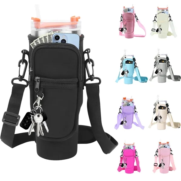 Insulated Neoprene Water Bottle Carrier with Phone Pocket - Insulated Neoprene Water Bottle Carrier with Phone Pocket - Image 0 of 4