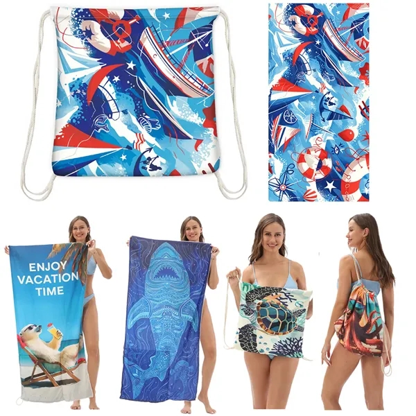 2 in 1 Foldable Beach Towel Drawstring Backpack - 2 in 1 Foldable Beach Towel Drawstring Backpack - Image 0 of 6
