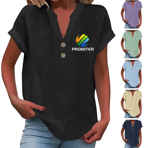 Women's Summer Solid Color Stand-Collar Button Short Sleeve - Women's Summer Solid Color Stand-Collar Button Short Sleeve - Image 0 of 16