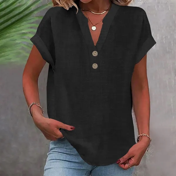 Women's Summer Solid Color Stand-Collar Button Short Sleeve - Women's Summer Solid Color Stand-Collar Button Short Sleeve - Image 2 of 16