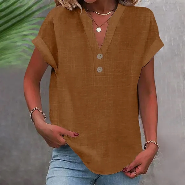 Women's Summer Solid Color Stand-Collar Button Short Sleeve - Women's Summer Solid Color Stand-Collar Button Short Sleeve - Image 3 of 16
