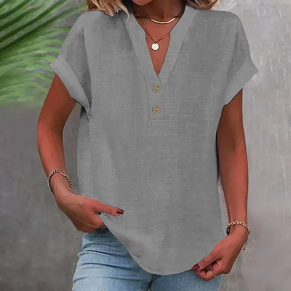 Women's Summer Solid Color Stand-Collar Button Short Sleeve - Women's Summer Solid Color Stand-Collar Button Short Sleeve - Image 5 of 16