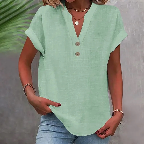 Women's Summer Solid Color Stand-Collar Button Short Sleeve - Women's Summer Solid Color Stand-Collar Button Short Sleeve - Image 6 of 16