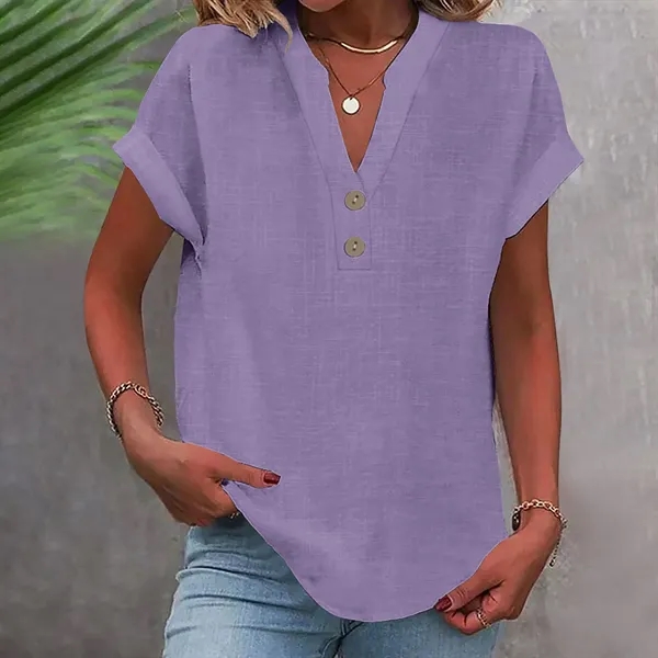 Women's Summer Solid Color Stand-Collar Button Short Sleeve - Women's Summer Solid Color Stand-Collar Button Short Sleeve - Image 7 of 16