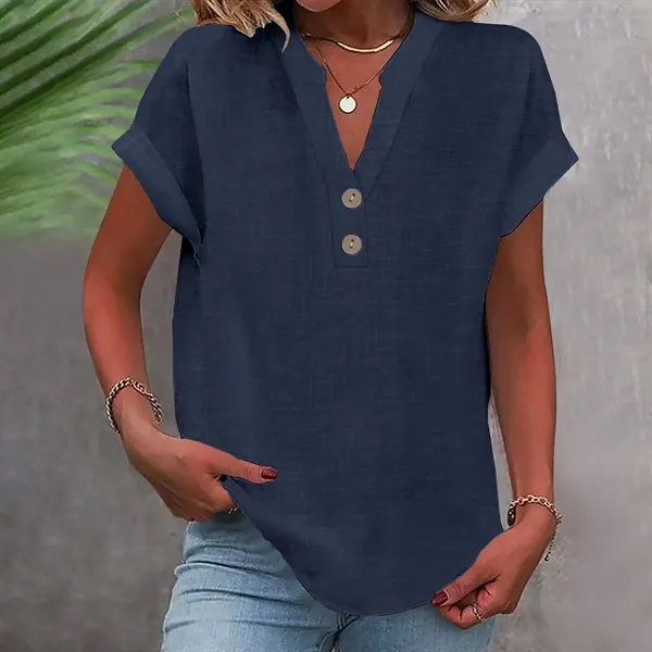 Women's Summer Solid Color Stand-Collar Button Short Sleeve - Women's Summer Solid Color Stand-Collar Button Short Sleeve - Image 9 of 16