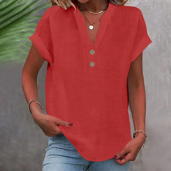 Women's Summer Solid Color Stand-Collar Button Short Sleeve - Women's Summer Solid Color Stand-Collar Button Short Sleeve - Image 13 of 16