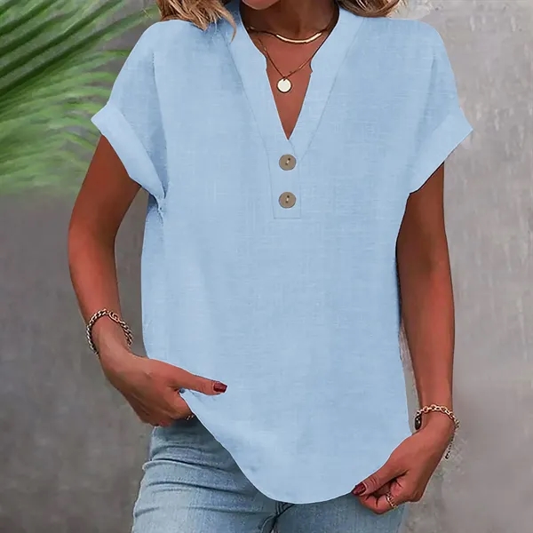 Women's Summer Solid Color Stand-Collar Button Short Sleeve - Women's Summer Solid Color Stand-Collar Button Short Sleeve - Image 15 of 16