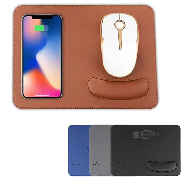 PU Leather Wireless Charging Mouse Pad with Wrist Rest - PU Leather Wireless Charging Mouse Pad with Wrist Rest - Image 0 of 4