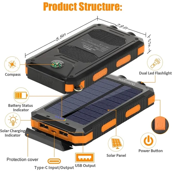 10000 mah Solar Charger Power Bank with Led Light - 10000 mah Solar Charger Power Bank with Led Light - Image 1 of 6