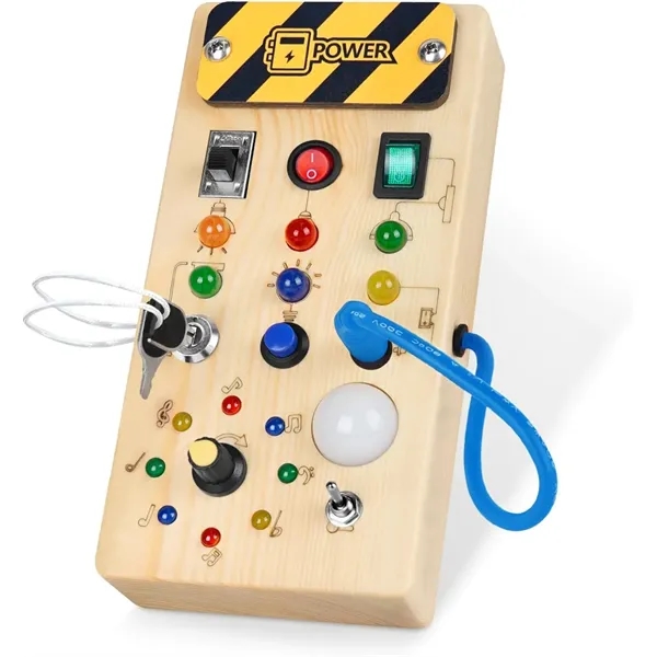 Wooden Busy Board with 8 LED Light switches - Wooden Busy Board with 8 LED Light switches - Image 0 of 4