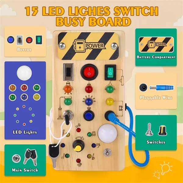 Wooden Busy Board with 8 LED Light switches - Wooden Busy Board with 8 LED Light switches - Image 1 of 4