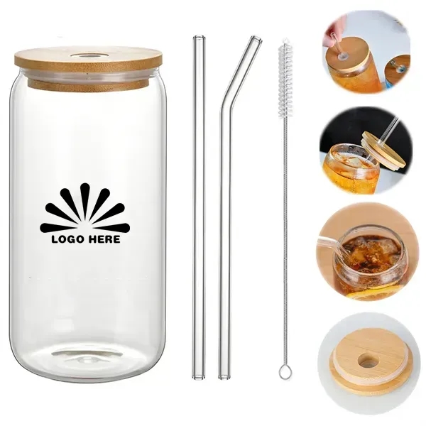 MOQ50 16 Oz Can Glass With Bamboo Lid and Straw/Straw Brush - MOQ50 16 Oz Can Glass With Bamboo Lid and Straw/Straw Brush - Image 1 of 1