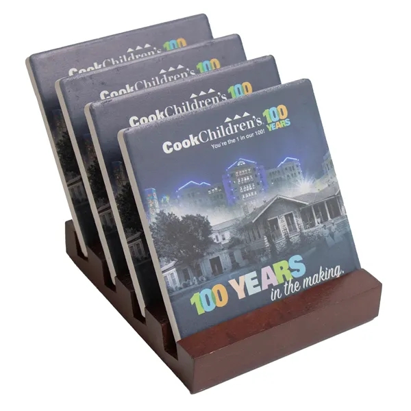 Custom 4 Pc. Set with Stand Square Ceramic Coaster