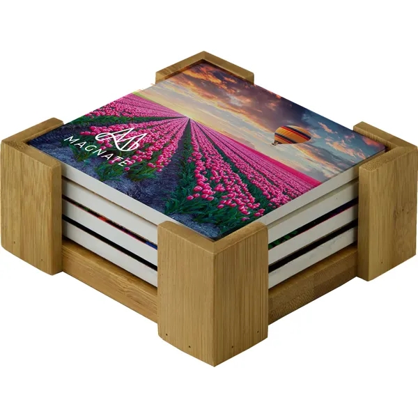 Custom 4 Pc Set with Wood Stand Square Ceramic Coaster